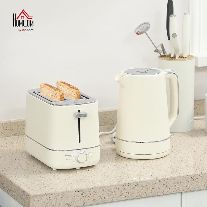 Набір для сніданку HOMCOM: чайник 1,7л та тостер на 2 тости, 6 рівнів підсмажування, з фільтром від накипу та підсвічуванням крихт