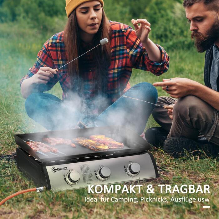 Газовий гриль Outsunny, гриль для столу BBQ з 3 пальниками, газовий гриль зі шлангом, кришкою, гриль для кемпінгу для саду, нержавіюча сталь, метал, чорний, 63 x 47 x 25 см | Aosom