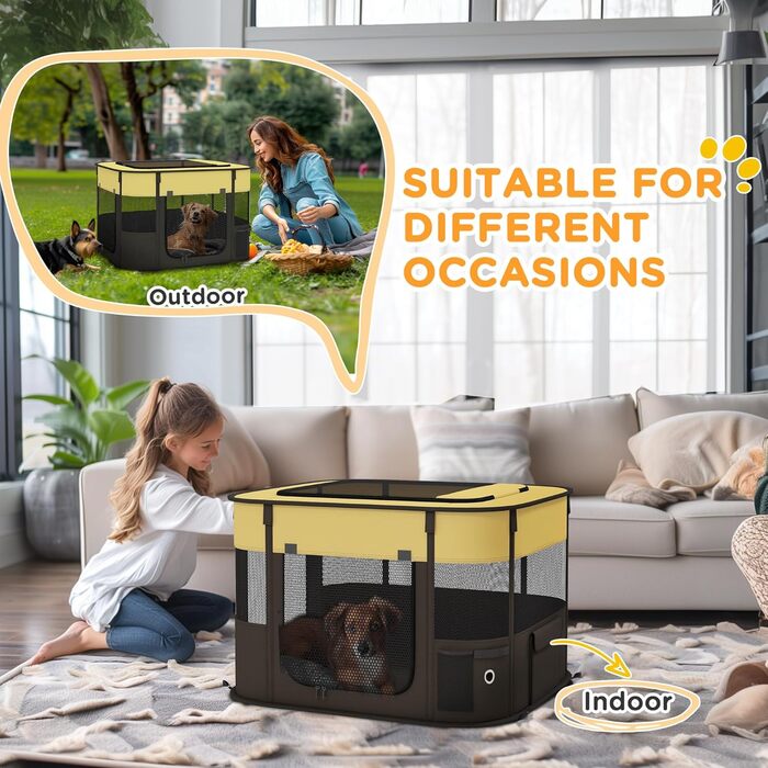 Клітка для собак PawHut, 94 x 74 x 60 см, розмір S, жовта, складана, з сумкою для зберігання