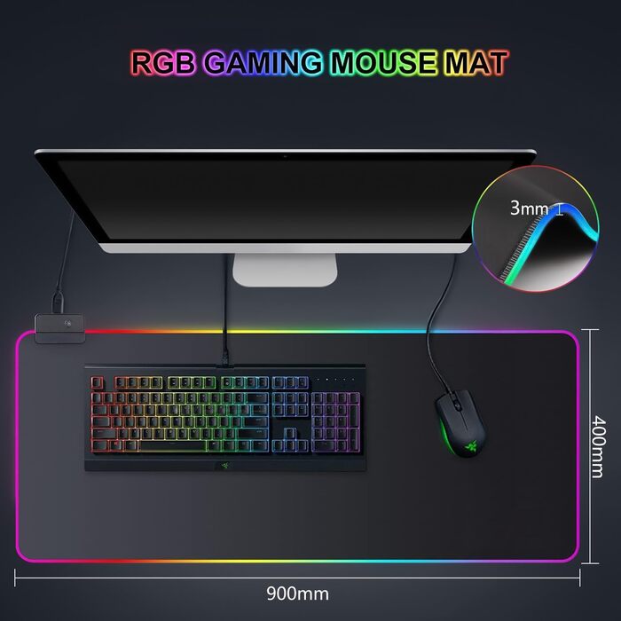 Килимок для миші ігровий RGB 800x300 мм XXL, великий, з 14 режимами підсвічування, 7 LED кольорами, вологостійкий, з антиковзким покриттям для ПК, професійний геймер, чорний