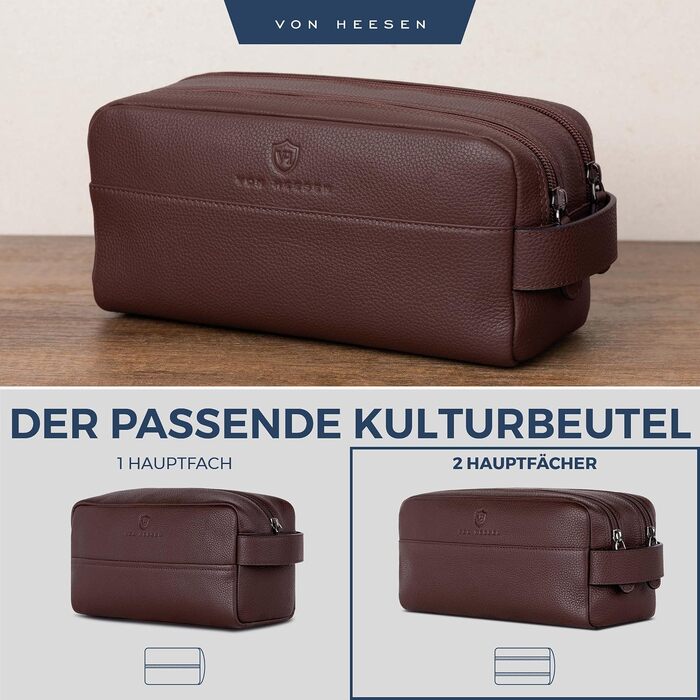 Шкіряна косметичка для подорожей VON HEESEN — універсальна сумка для гігієни та аксесуарів з натуральної шкіри, 2 основних відділення, темно-коричнева, великий розмір