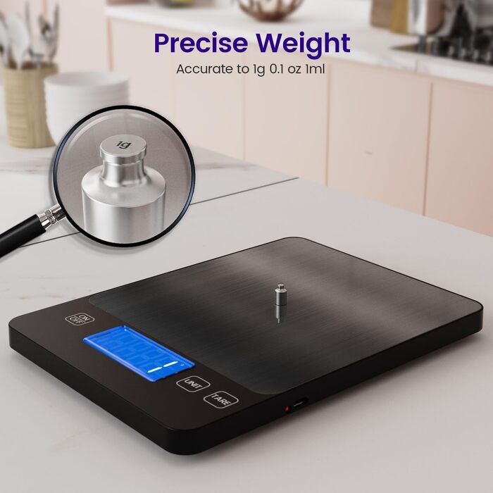 Електронна кухонна вага, 15 кг, висока точність 1 г/0.1 унції, професійна, з батарейками, чорний колір