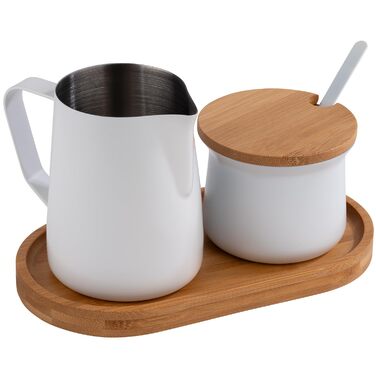 APS 631 Milk and Sugar Set, 5-piece set, Bamboo, Stainless Steel, non-stick coated, white