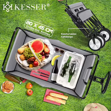 Складаний візок KESSER для транспортування, макс. 150 кг, 360° ПВХ-колеса, з бічною кишенею, 2 сітчастими кишенями та чохлом, ручний садовий візок без даху, синій (сірий/чорний)
