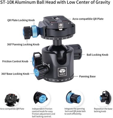 Штатив SIRUI ST-125+ST-10X з відеоголовою для панорамної зйомки, карбонове, для DSLR, 4 секції, 166см, 3кг