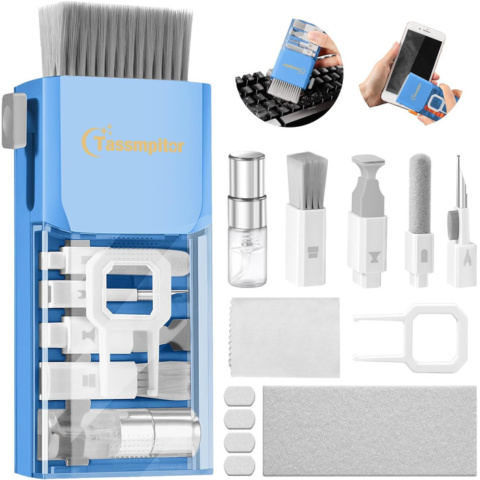 Набір для чищення клавіатури та гаджетів: клавіатура, ноутбук, iPhone, iPad, камера, AirPods, комп'ютер. Компактний набір з спреєм та щіткою, багатофункціональний інструмент для екранів електроніки (himmelblau)