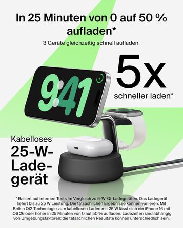 Belkin UltraCharge Pro Qi2.2 Бездротова зарядка 3-в-1 25W MagSafe сумісна для iPhone, Apple Watch, AirPods, Pixel – Чорна