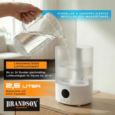 Зволожувач повітря Brandson 2.5 л, ультратихий (30 дБ), пульт, дисплей, 3 режими туману, RGB, нічний режим, для спальні, дитячої, вітальні