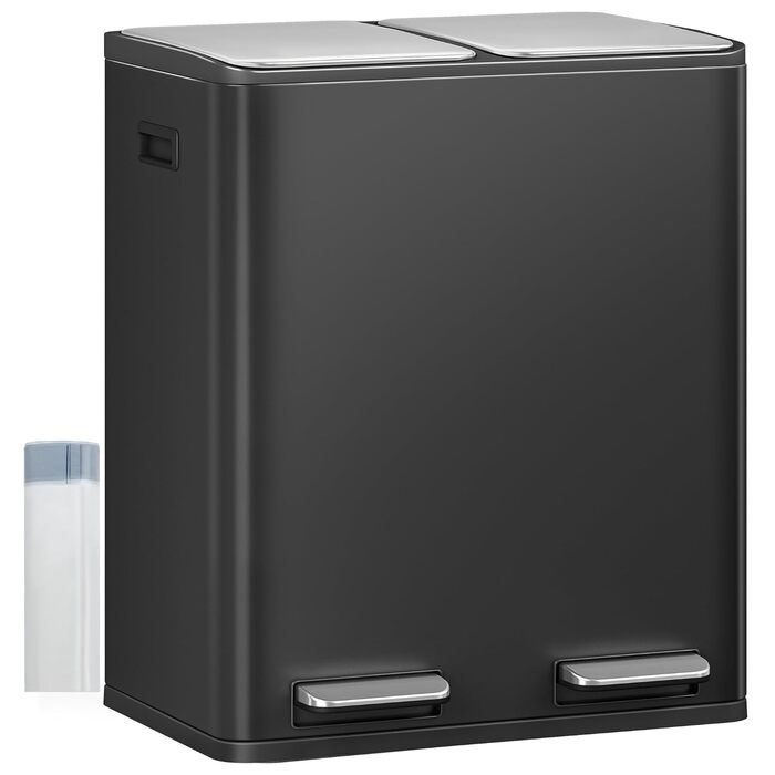 Відро для сміття з сортуванням 60 л, нержавіюча сталь, з педаллю, 2 відділення, SW06099E (Чорний)