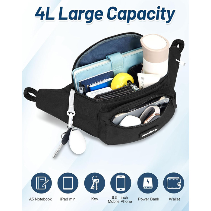 Поясна сумка для жінок та чоловіків, чорна, водонепроникна, 4L, для бігу, спорту, подорожей, активного відпочинку, фітнесу, з дощовиком