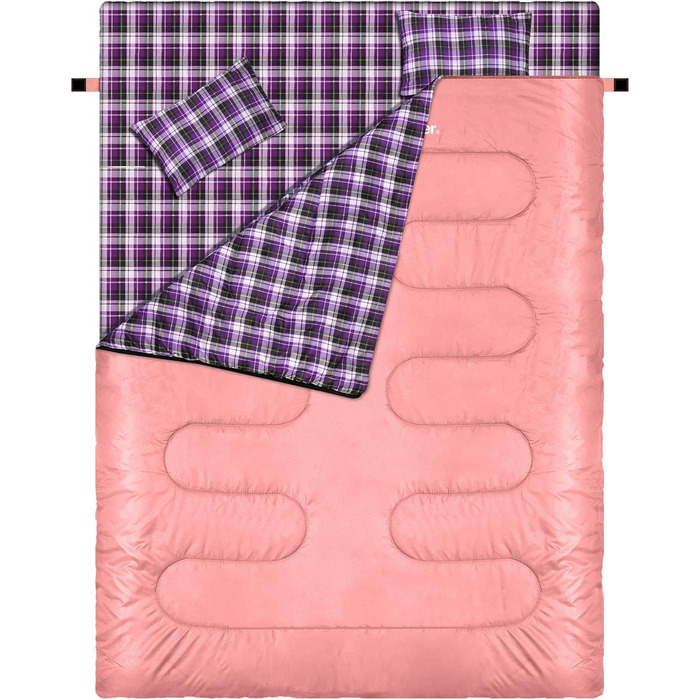 Сплячий мішок Outdoor Sportneer для 2 осіб: двомісний спальний мішок для відпочинку на природі, 3 сезони, 220x150 см, 2.75 кг з 2 подушками, дорослий ковдровий спальник для сім'ї (без фланелевої підкладки) (Рожевий)