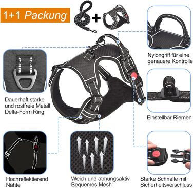 Нашийник для собак Haapaw без натягу, регульований, світловідбиваючий, Оксфорд, зручне керування, середній розмір, міцний поводок у подарунок, чорний (1 шт.)