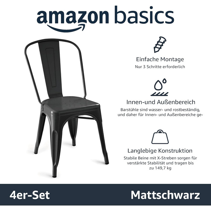 Набір з 4 стільців Amazon Basics Bistro, металеві, чорні, 51x43x85 см - для кухні та вулиці