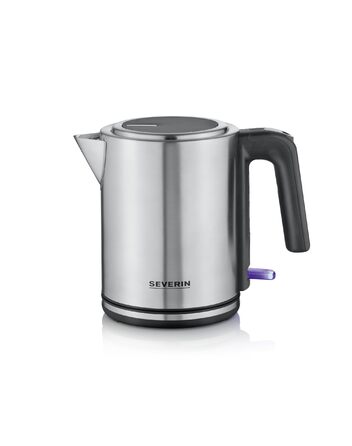 Електричний чайник SEVERIN 1 л з індикатором рівня води, фільтром від накипу, великим соплам, потужністю 2400 Вт, срільно-чорний колір, нержавіюча сталь, WK 3489