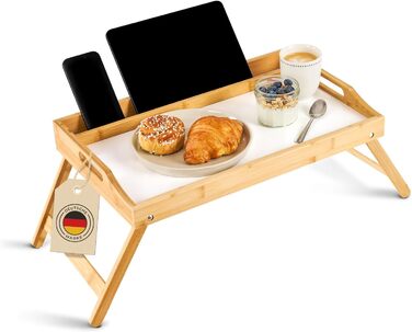 Бамбуковий приліжкові столики Blumtal з дерев'яною підпоркою для планшетів/телефонів - піднос для сніданку в ліжко - складаний приліжкові столики 50 x 30 x 6 см - сервірувальний піднос на ніжках - стійкий приліжкові столики (Білий)