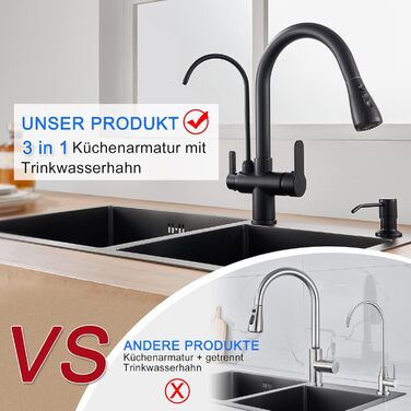 Чорний кухонний змішувач з висувною лійкою 360°, з нержавіючої сталі, для фільтрованої води