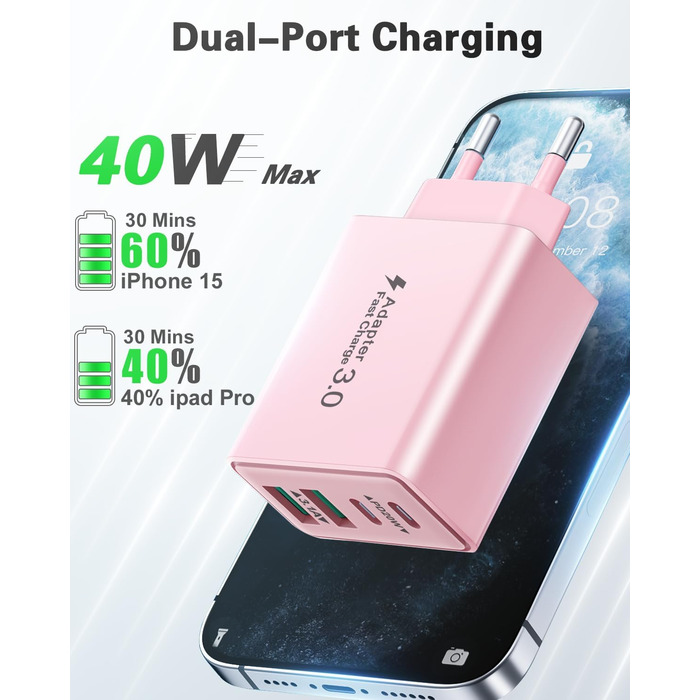 Мережевий адаптер USB-C 40W з 4 портами, рожевий. Швидка зарядка PD+QC для iPhone, iPad, Samsung та інших телефонів.