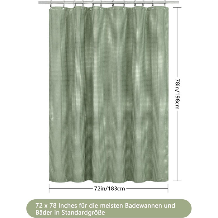 Штора для душу Waffel, 183x198 см, зелена - водонепроникна, з кільцями, поліестер