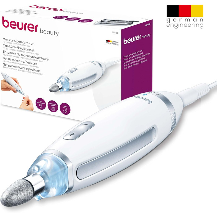 Набір для манікюру та педикюру Beurer MP 62: електрична пилка, 10 насадок, LED, регулювання швидкості, сумка, білий