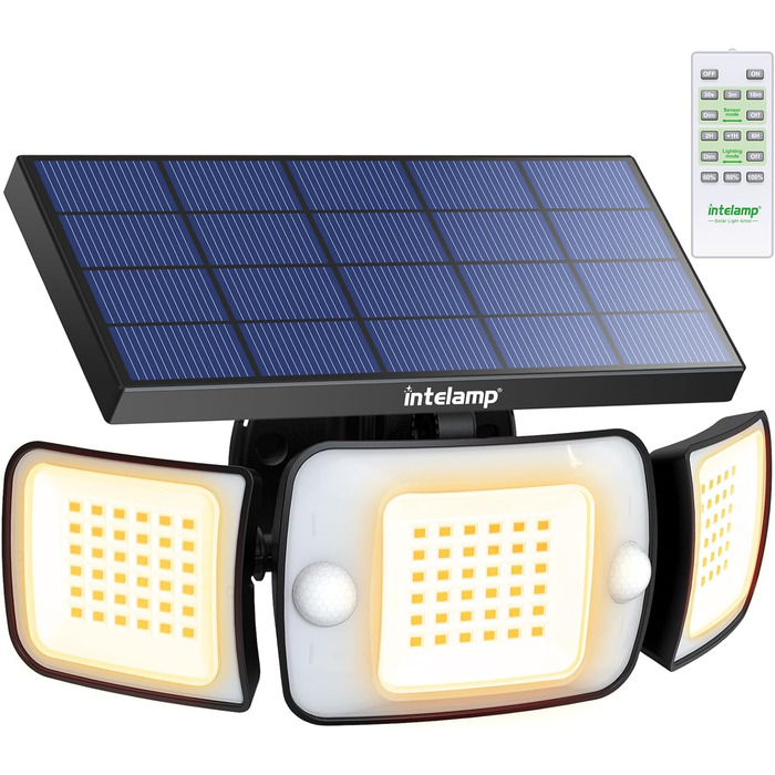 INTELAMP Solar Lights for Outdoors with Motion Sensor, 6000 mAh Solar with Remote Control, 1200LM, 270° Wide-Angle Solar Lights, IP65 Waterproof for Porch and Garage (1 Piece - Warm Light)