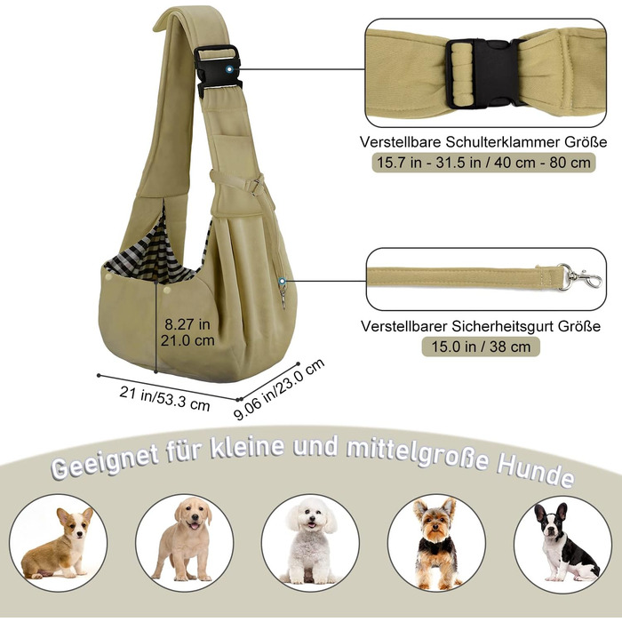 PetLoft Сумка-переноска для собак, реверсивна, регульована, Cross-Body Carrier з кріпленням для нашийника (Хакі)