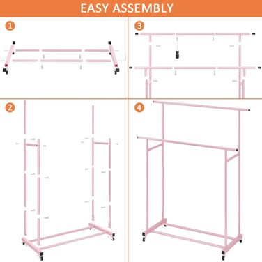 Clothes Rack with Double Rod, Rolling Clothes Rack, Portable Clothes Rack for Bedroom, Living Room, Clothing Store (Pink)
