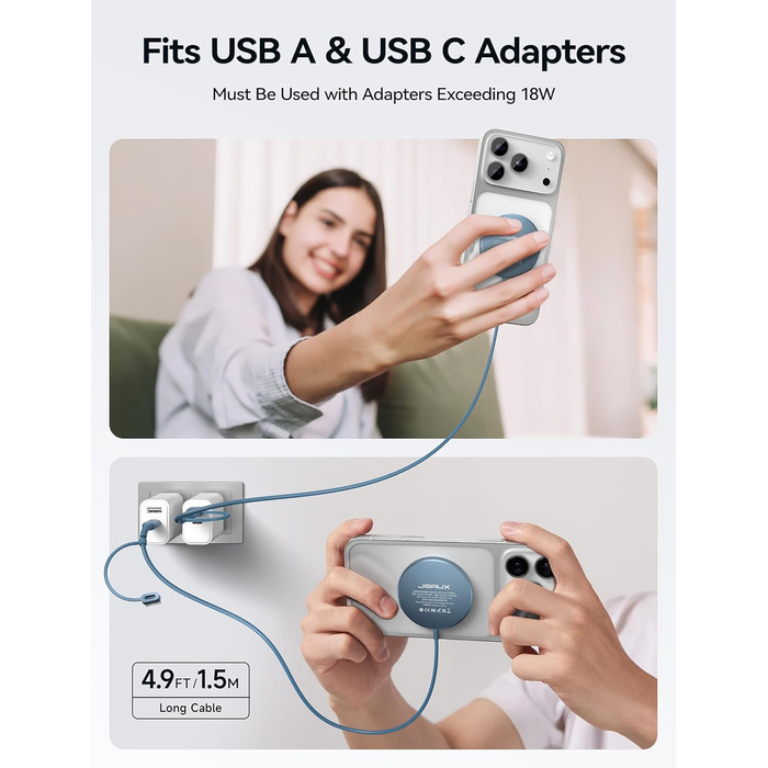 Бездротовий зарядний пристрій JSAUX MagSafe 15W, сумісний з iPhone 17 Air Pro Max, iPhone 16/15/14/13/12, AirPods 3/2, блакитний