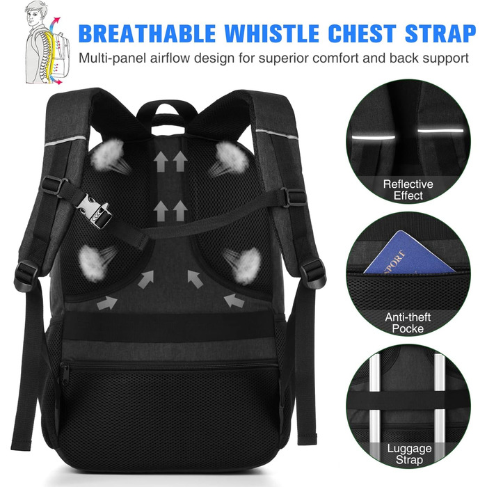 Чорний рюкзак YAMTION для чоловіків та жінок, унісекс, підійде для підлітків, хлопчиків та дівчаток. Вміщує ноутбук 17.3 дюйми. Ідеальний для університету, школи, роботи, офісу. З USB-портом.