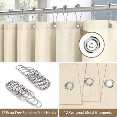 Штора для ванної кімнати льон з металевими кільцями, бежева 182x182 см - Водонепроникний текстильний комплект для ванни