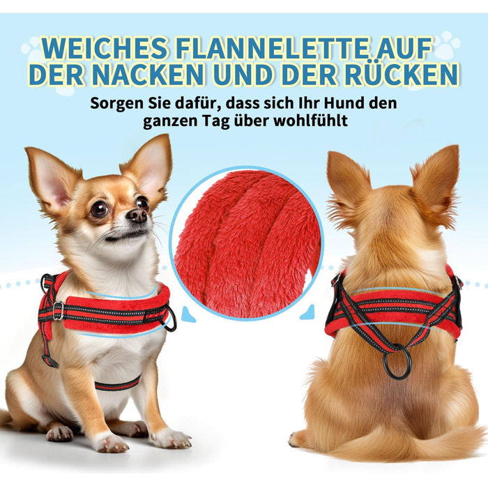 Нашийник для собак середнього та малого розміру з повідком, м'який, не тягне, з 2 кліпсами для повідка, легкий, світловідбиваючий, регульований (Червоний, XS)