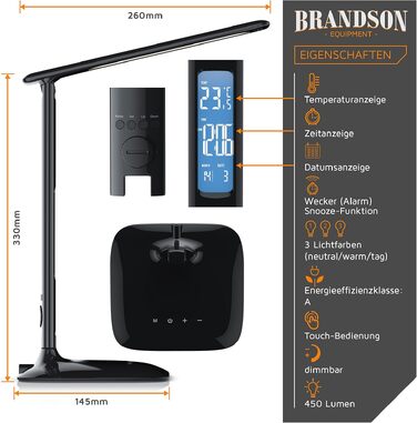 Світлодіодна настільна лампа Brandson з регулюванням яскравості, захистом очей, 3 кольорами світла та цифровим годинником з термометром та календарем, чорна
