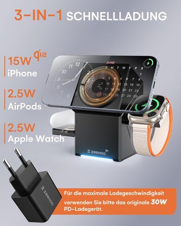ZEEHOO Зарядна станція 3 в 1 для Apple MagSafe, iPhone 16/15/14/13/12, Apple Watch та AirPods (30W USB-C), Чорний