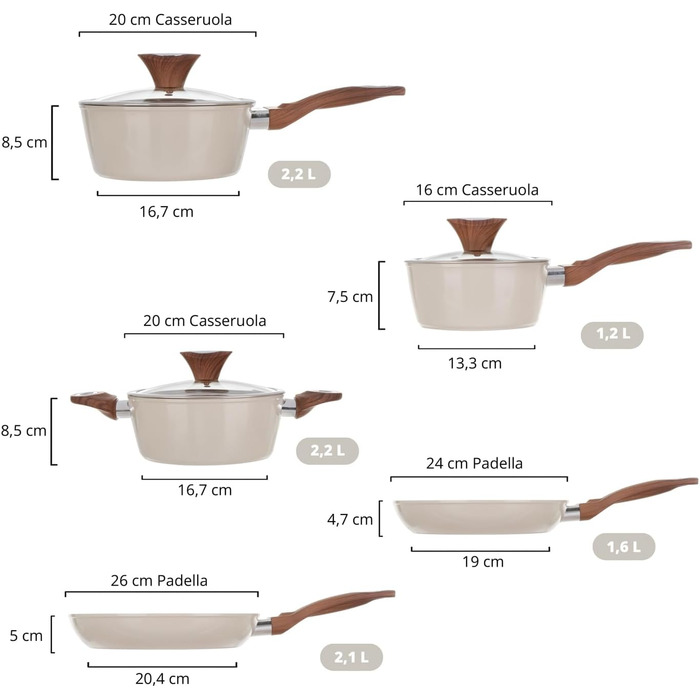 Набір каструль та сковорідок Kochtopf Kasanova New Ceramic, 8 предметів, кремовий, з керамічним покриттям, індукційний, з кришками