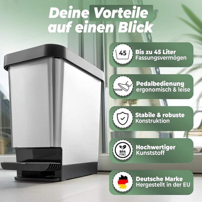 Novaliv Відро для сміття з педальним приводом 45L - сталеве відро для сміття з кришкою, герметичне, для кухні та інших приміщень
