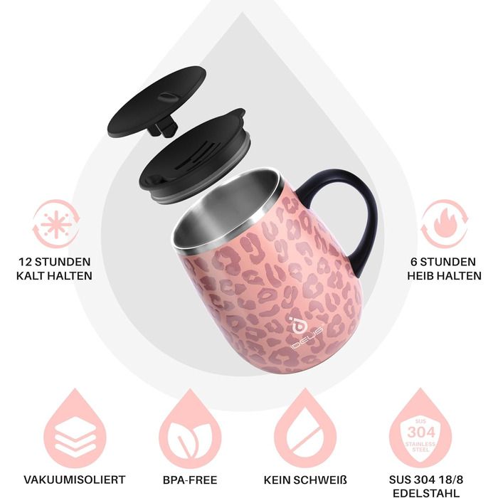 Термокружка Ideus 470 мл з нержавіючої сталі, подвійні стінки, ізоляція, з кришкою-ковпачком, протиковзкий наклад, зелений/рожевий (Leopard Rosa)