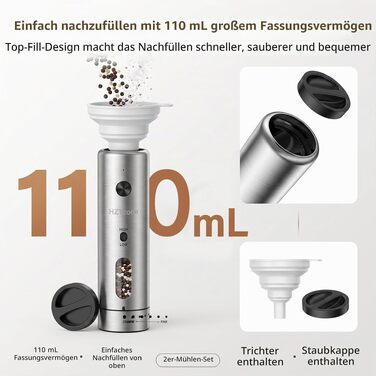 Електричний набір млинків для солі та перцю з USB-C зарядкою, 6 рівнів помолу, сріблясто-чорний