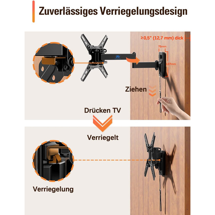 Кріплення для телевізора у RV/Автобусі Mounting Dream MD2212: для телевізорів 13-43 дюймів, до 10 кг, з замком