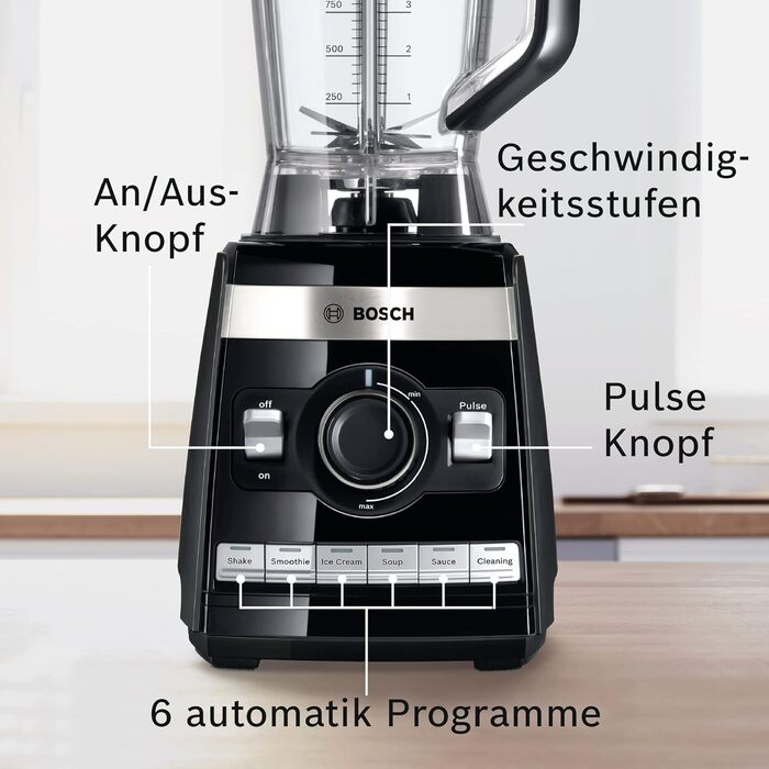 Bosch Stand Mixer VitaBoost MMBH6P6BDE, 6-Blade Stainless Steel Blades, 2.5L Tritan Mixing Container, Pusher, 6 Automatic Programs, Recipe Book, BPA-Free, Easy Cleaning, 45,000 RPM, 1600 W, Black