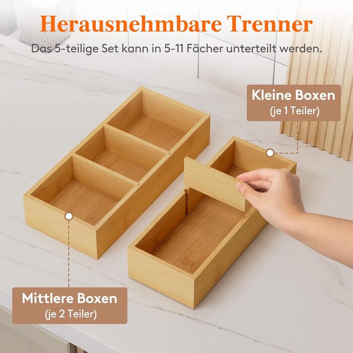 Lifewit Drawer Organizers with 6 Inserts, Adjustable Storage Box with 11 Compartments, Wooden Drawer Dividers for Kitchen Utensils, Vanity Organizer, Makeup, Office, Bathroom (5)