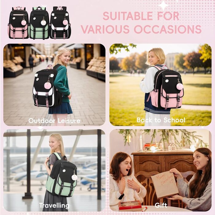 Рюкзак для дівчинки-підлітка, 3-5 клас, модний шкільний рюкзак з брелоком та ручкою-телескопом, рожевий