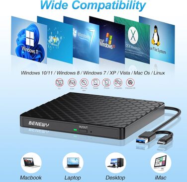 Зовнішній DVD CD привід BENEWY USB 3.0 та Type-C, портативний DVD-плеєр та записувач +/-RW для ноутбука, ПК, MacBook (Windows, Linux, Mac), чорний