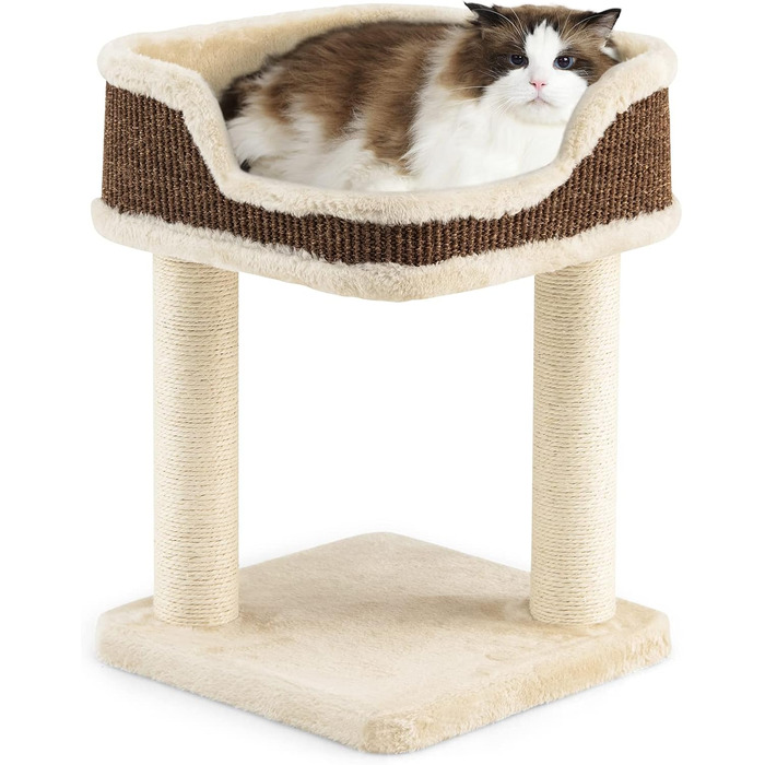 COSTWAY Cat Tree Small, Cat Tree with Large Plush Seat, Wooden Cat Scratching Post, Cat Furniture Climbing Tree, Activity Tree Play Tree, Natural Sisal Tower with Scratching Posts (Beige)