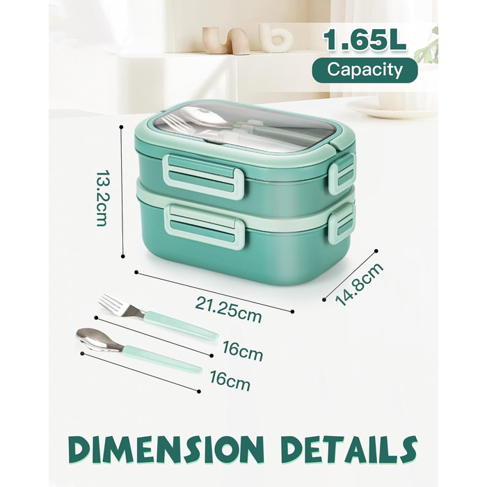 Ланчбокс Lille Home з 2 ярусами, 4 відділення, 1650 мл, з посудом, BPA-free, не протікає (Зелений)