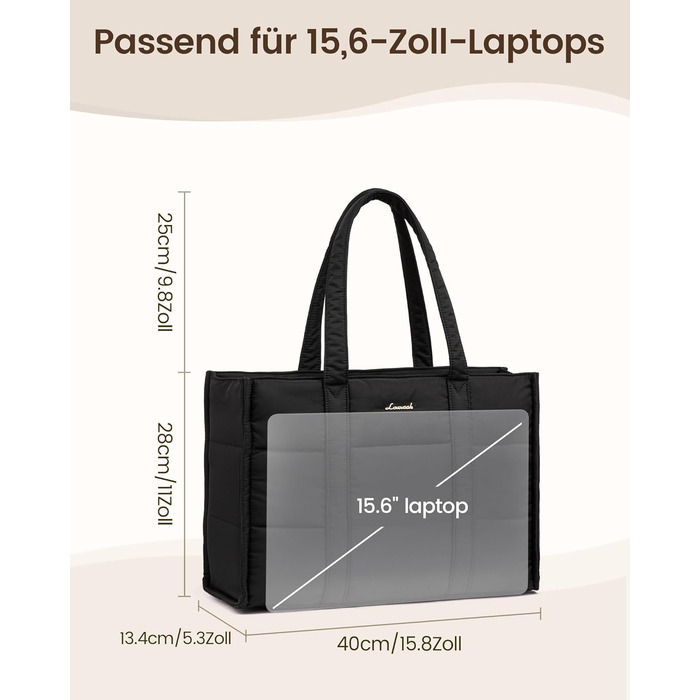 Сумка для ноутбука LOVEVOOK: велика містка сумка-шопер для жінок, сумка-тоут, робоча/аксесуальна сумка, для роботи, навчання, університету (15,6 дюймів, чорний+бежевий+коричневий)