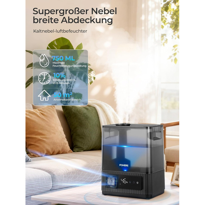Зволожувач повітря 6L для великих приміщень, холодний туман, тихий, з аромадифузором, для дитячої кімнати, спальні, рослин, 60 год роботи, точний датчик вологості, верхнє заповнення