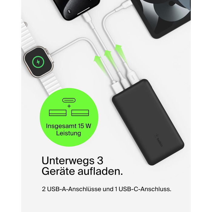 Powerbank Belkin 20000mAh з USB-C та USB-A: заряд для iPhone, Galaxy, Pixel, iPad, AirPods та інших пристроїв – Чорний