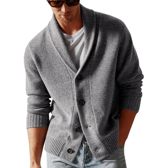 Чоловіча в'язана куртка Runcati з коміром-шарфом, стильна, на ґудзиках, зимова, з рельєфним в'язанням, груба в'язка (M, сіра)