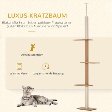 PawHut Cat Tree, Ceiling-High, 228-260 cm Adjustable Height Cat Tree/Climbing Tree for Cats with 3 Levels, Cat Scratching Post, Floor-to-Ceiling Play Tree (Khaki)