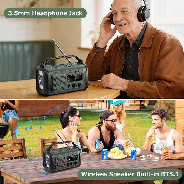 Радіо на сонячній батареї та ручному заводі Kurbelradio 27000mAh з SOS, Bluetooth, Powerbank, ліхтариком для кемпінгу та екстрених ситуацій (Зелений)