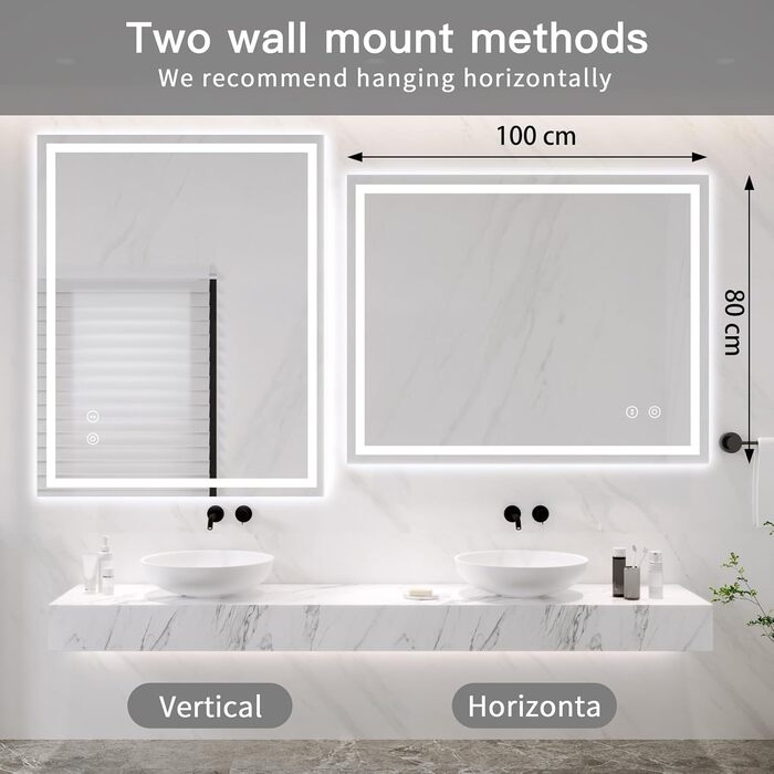 Дзеркало для ванної кімнати з LED-підсвічуванням Dripex, 50x70 см, сенсорне керування, протитуманне покриття, холодний білий світ, енергозберігаюче
